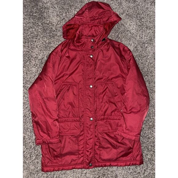 Vintage Eddie Bauer Red Chore‎ Jacket Women’s Size Large Red Lined Puffer Hooded - Picture 1 of 8